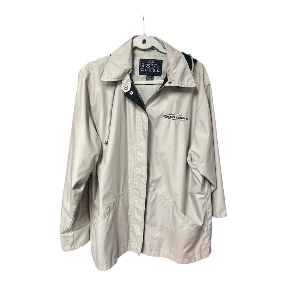Sope Creek Hooded Jacket Mens Size XL Beige Zip Pockets Bud‎ Light Embroidered